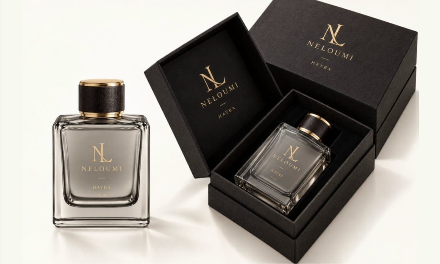Hayba bottle beside its black presentation box
