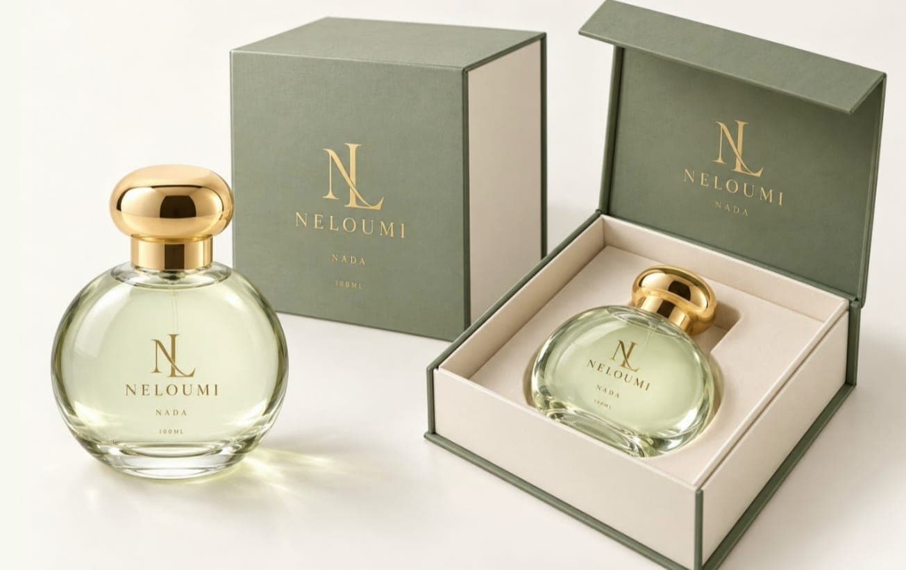 Nada round bottle beside its sage green box