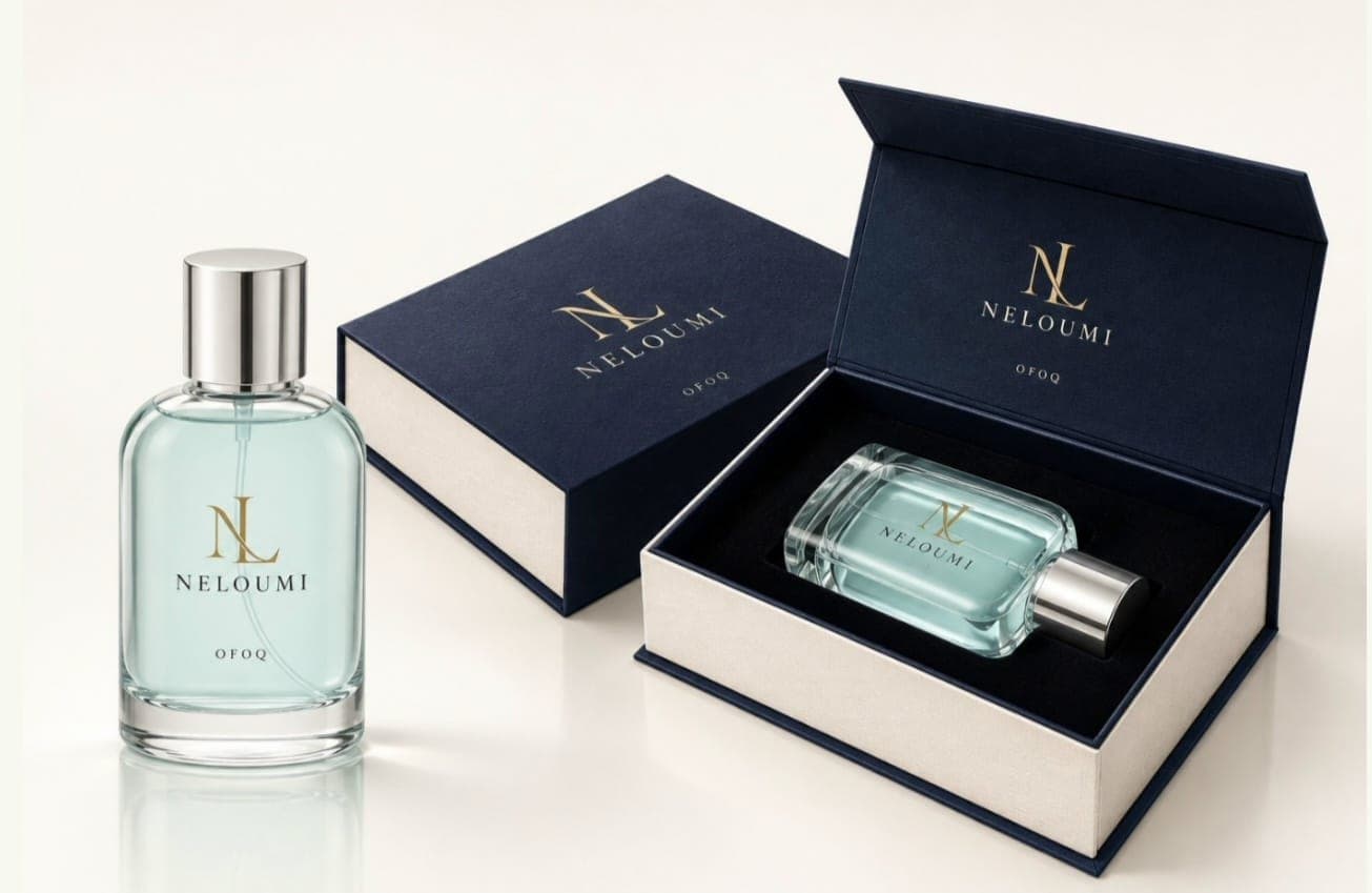 Ofoq bottle beside its navy presentation box